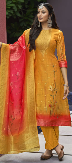 Yellow color Salwar Kameez in Chanderi Silk fabric with Digital Print, Stone, Weaving work