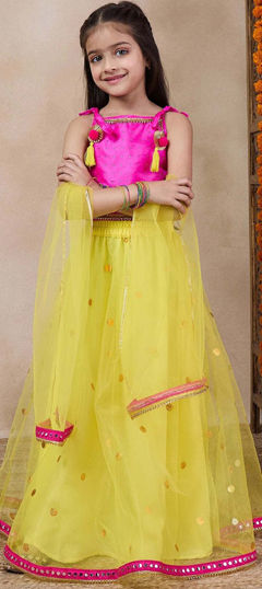 Green color Kids Lehenga in Net fabric with Lace, Stone work