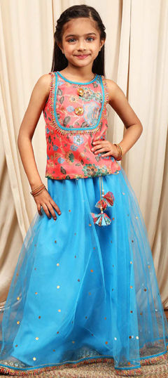 Pink and Majenta color Kids Lehenga in Net fabric with Lace, Printed work