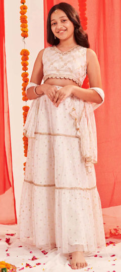 White and Off White color Kids Lehenga in Net fabric with Lace, Stone work