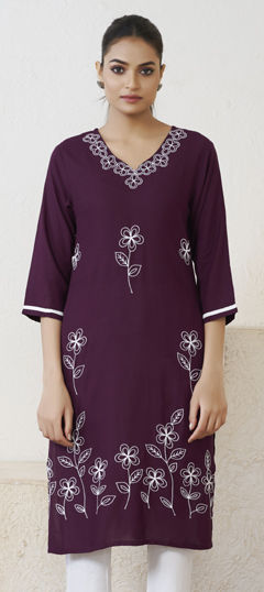 Purple and Violet color Kurti in Rayon fabric with Embroidered, Thread work
