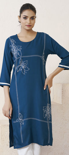 Blue color Kurti in Rayon fabric with Embroidered, Thread work