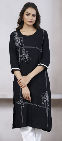 Black and Grey color Kurti in Rayon fabric with Embroidered, Thread work