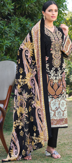 Black and Grey color Salwar Kameez in Cotton fabric with Embroidered, Printed, Resham, Thread work
