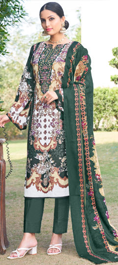 Green color Salwar Kameez in Cotton fabric with Embroidered, Printed, Resham, Thread work