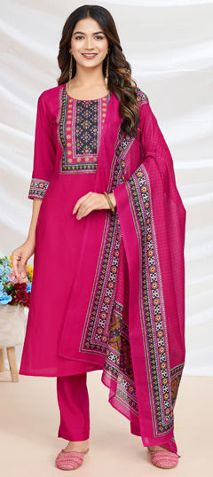 Pink and Majenta color Salwar Kameez in Viscose fabric with Printed work