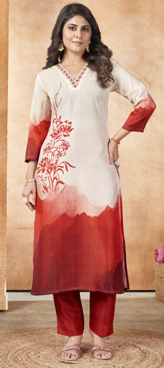 White and Off White color Salwar Kameez in Muslin fabric with Embroidered, Floral, Printed, Thread work