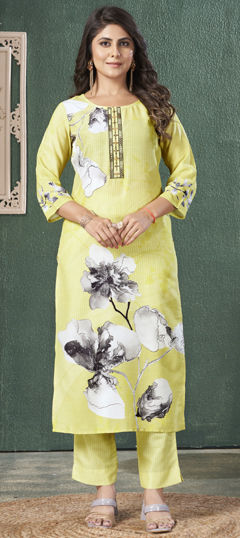 Yellow color Salwar Kameez in Muslin fabric with Embroidered, Floral, Printed, Thread work