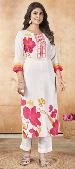 White and Off White color Salwar Kameez in Muslin fabric with Embroidered, Floral, Printed, Thread work