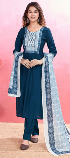 Blue color Salwar Kameez in Viscose fabric with Printed work