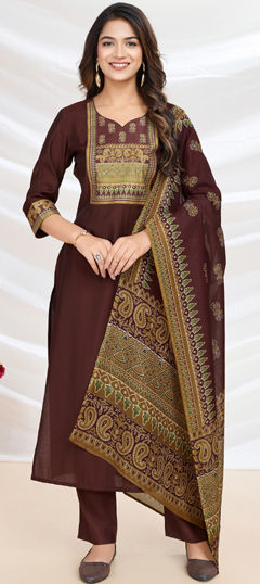 Beige and Brown color Salwar Kameez in Viscose fabric with Printed work