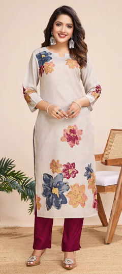 Beige and Brown color Salwar Kameez in Linen fabric with Floral, Printed work