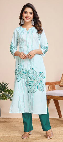 Blue color Salwar Kameez in Linen fabric with Printed work