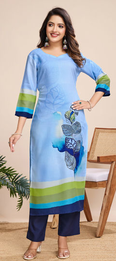 Blue color Salwar Kameez in Linen fabric with Floral, Printed work