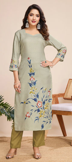 Beige and Brown color Salwar Kameez in Linen fabric with Printed work