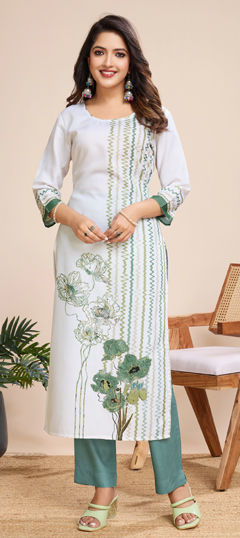 White and Off White color Salwar Kameez in Linen fabric with Printed work