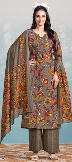 Beige and Brown color Salwar Kameez in Cotton fabric with Floral, Printed work