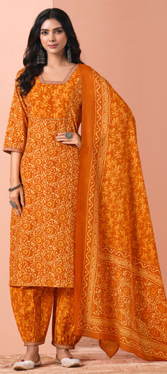 Orange color Salwar Kameez in Cotton fabric with Printed work
