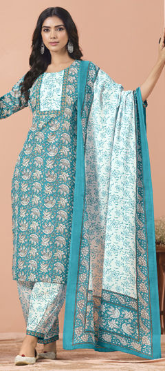 Blue color Salwar Kameez in Cotton fabric with Printed work