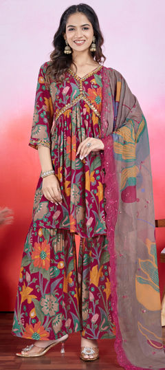 Pink and Majenta color Salwar Kameez in Chiffon fabric with Bugle Beads, Floral, Printed work