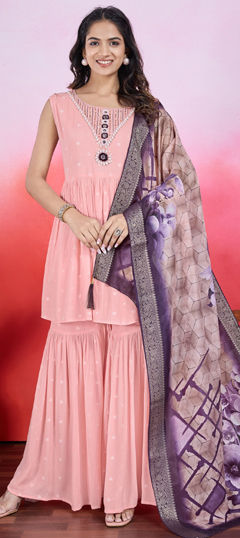 Pink and Majenta color Salwar Kameez in Chiffon fabric with Bugle Beads, Sequence, Thread work