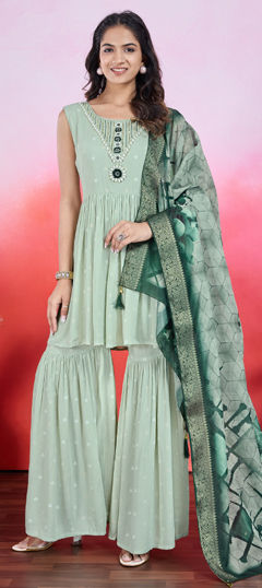 Green color Salwar Kameez in Chiffon fabric with Bugle Beads, Sequence, Thread work