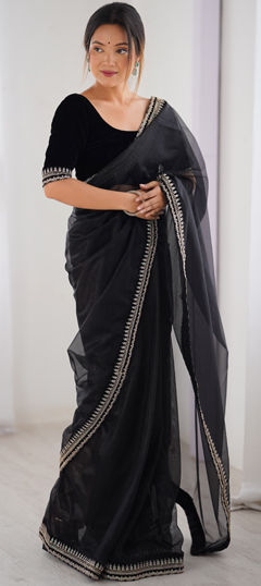 Black and Grey color Saree in Organza Silk fabric with Embroidered, Sequence, Thread work