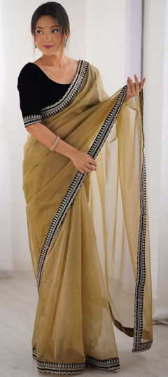 Beige and Brown color Saree in Organza Silk fabric with Embroidered, Sequence, Thread work