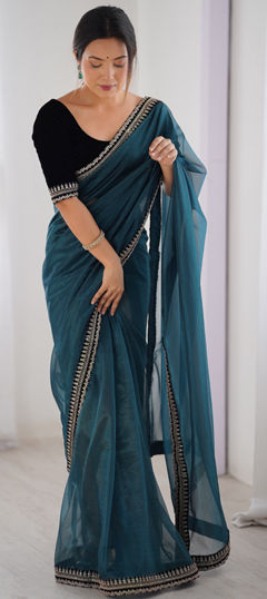 Blue color Saree in Organza Silk fabric with Embroidered, Sequence, Thread work