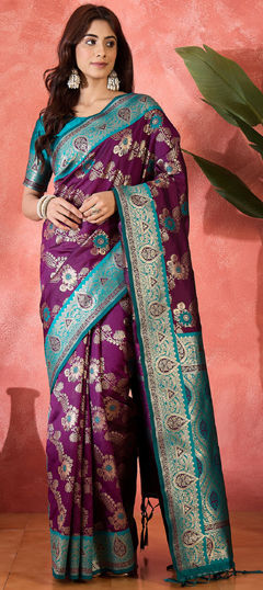 Purple and Violet color Saree in Art Silk fabric with Weaving work