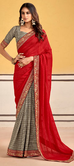 Black and Grey color Saree in Faux Georgette fabric with Embroidered, Printed, Thread, Zari work