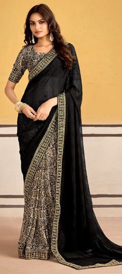Black and Grey color Saree in Faux Georgette fabric with Embroidered, Printed, Thread, Zari work