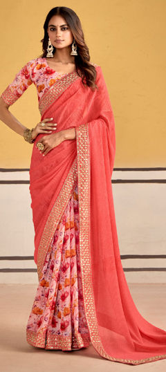 Pink and Majenta color Saree in Faux Georgette fabric with Embroidered, Floral, Printed, Thread, Zari work