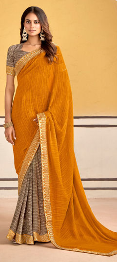 Black and Grey, Yellow color Saree in Faux Georgette fabric with Embroidered, Printed, Thread, Zari work