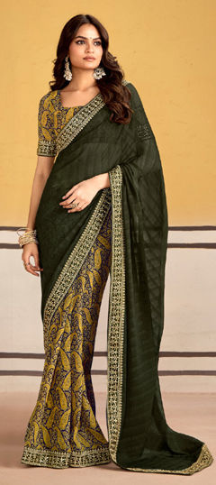 Green, Yellow color Saree in Faux Georgette fabric with Embroidered, Printed, Thread, Zari work