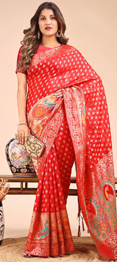 Red and Maroon color Saree in Cotton fabric with Weaving work