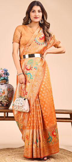 Yellow color Saree in Cotton fabric with Weaving work