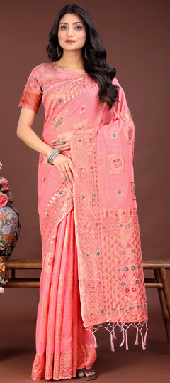 Pink and Majenta color Saree in Cotton fabric with Weaving work