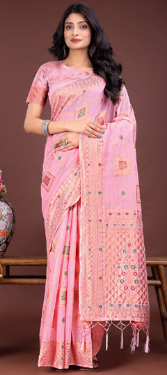 Pink and Majenta color Saree in Cotton fabric with Weaving work