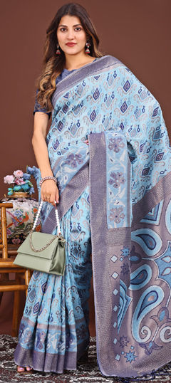 Blue color Saree in Cotton fabric with Printed, Weaving work