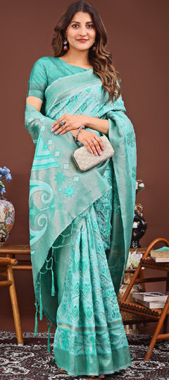 Green color Saree in Cotton fabric with Printed, Weaving work