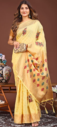 Yellow color Saree in Cotton fabric with Weaving work