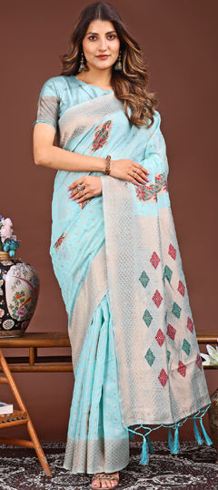 Blue color Saree in Cotton fabric with Weaving work