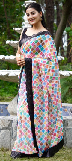 Multicolor color Saree in Faux Georgette fabric with Border, Printed, Sequence work