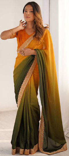 Green, Yellow color Saree in Chinon Silk fabric with Border, Sequence, Thread work