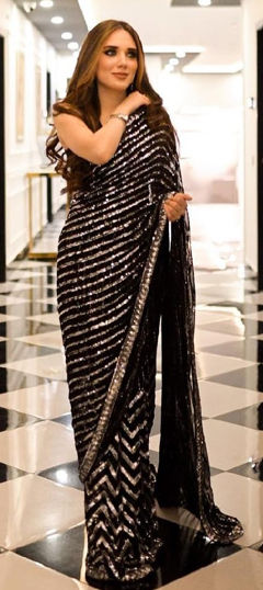 Black and Grey color Saree in Georgette fabric with Embroidered, Sequence, Thread work