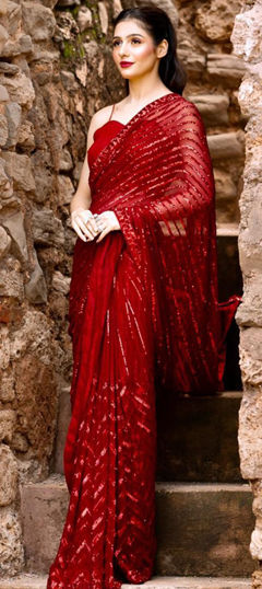 Red and Maroon color Saree in Georgette fabric with Embroidered, Sequence, Thread work