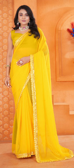 Yellow color Saree in Georgette fabric with Cut Dana, Embroidered, Lace, Sequence, Thread work