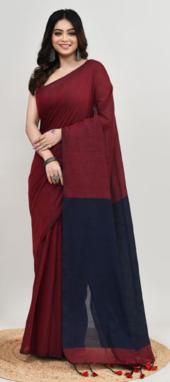 Blue, Red and Maroon color Saree in Cotton fabric with Thread work