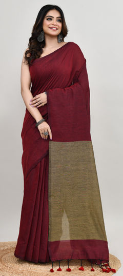 Gold, Red and Maroon color Saree in Cotton fabric with Thread work